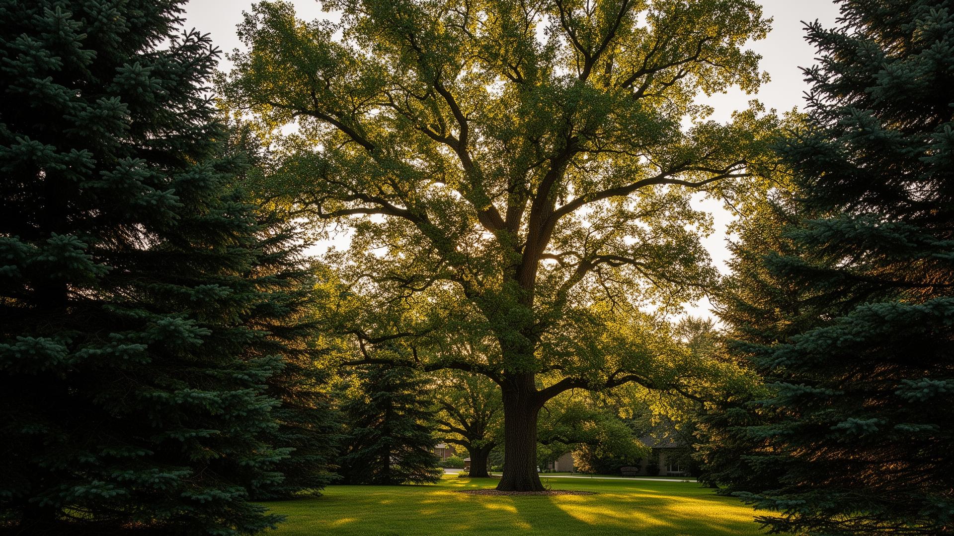Mature oak tree framed by evergreens in golden afternoon light.